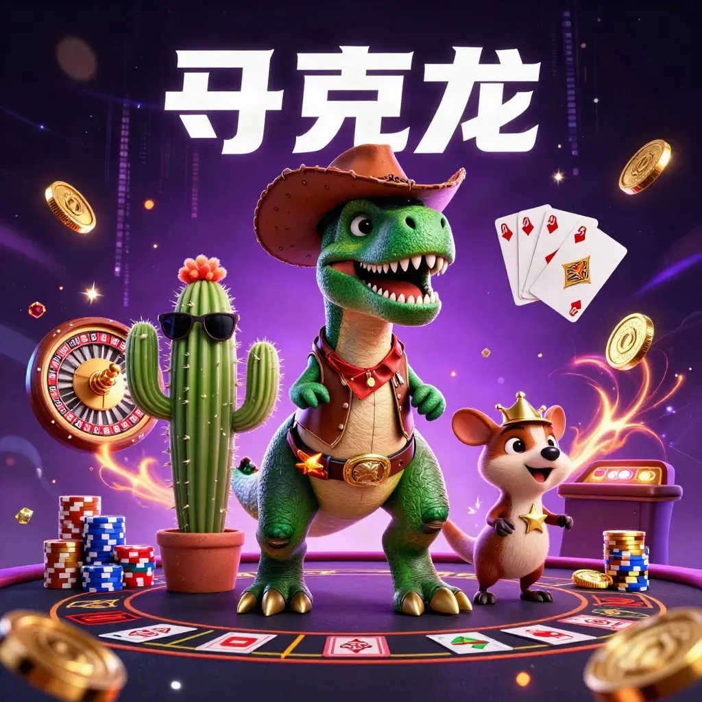 Een cowboy T-rex, cactus en roadrunner in een luxe neon casino-explosie met goud en kaarten.