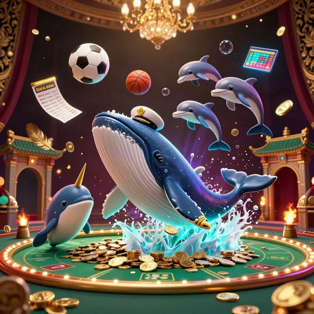 Walvis, narwal en dolfijnen in goudgroene casinoscène met zwevende ballen en munten.