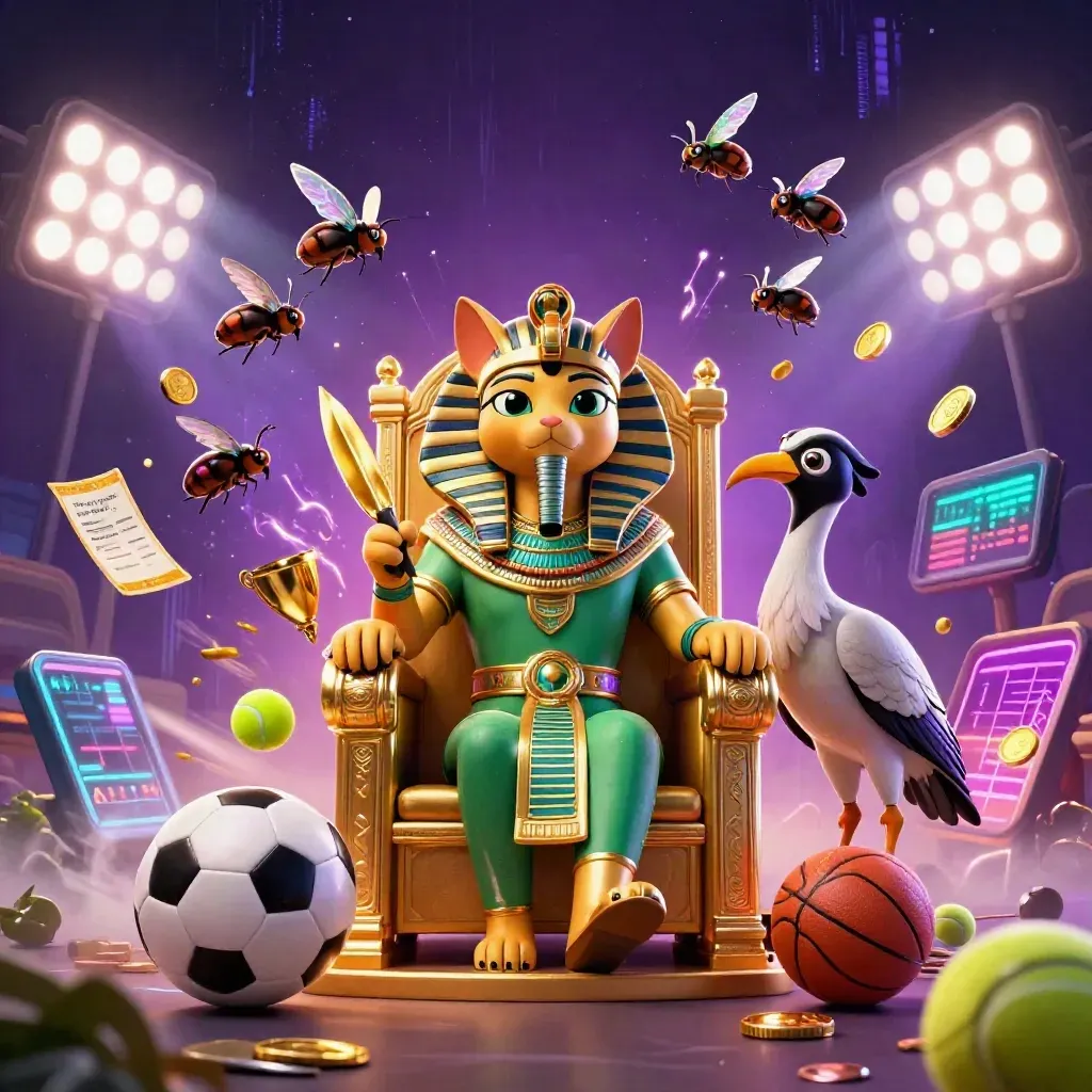 Faraokat op gouden troon met ibis, scarabeeën en zwevende sportballen in luxe casino-glans