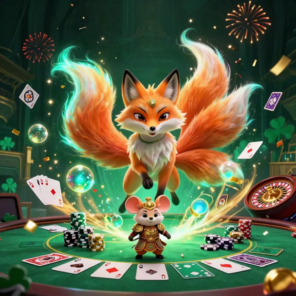 Neon negenstaartige vos met gouden samuraimuis aan een pokertafel met kaarten en chips.