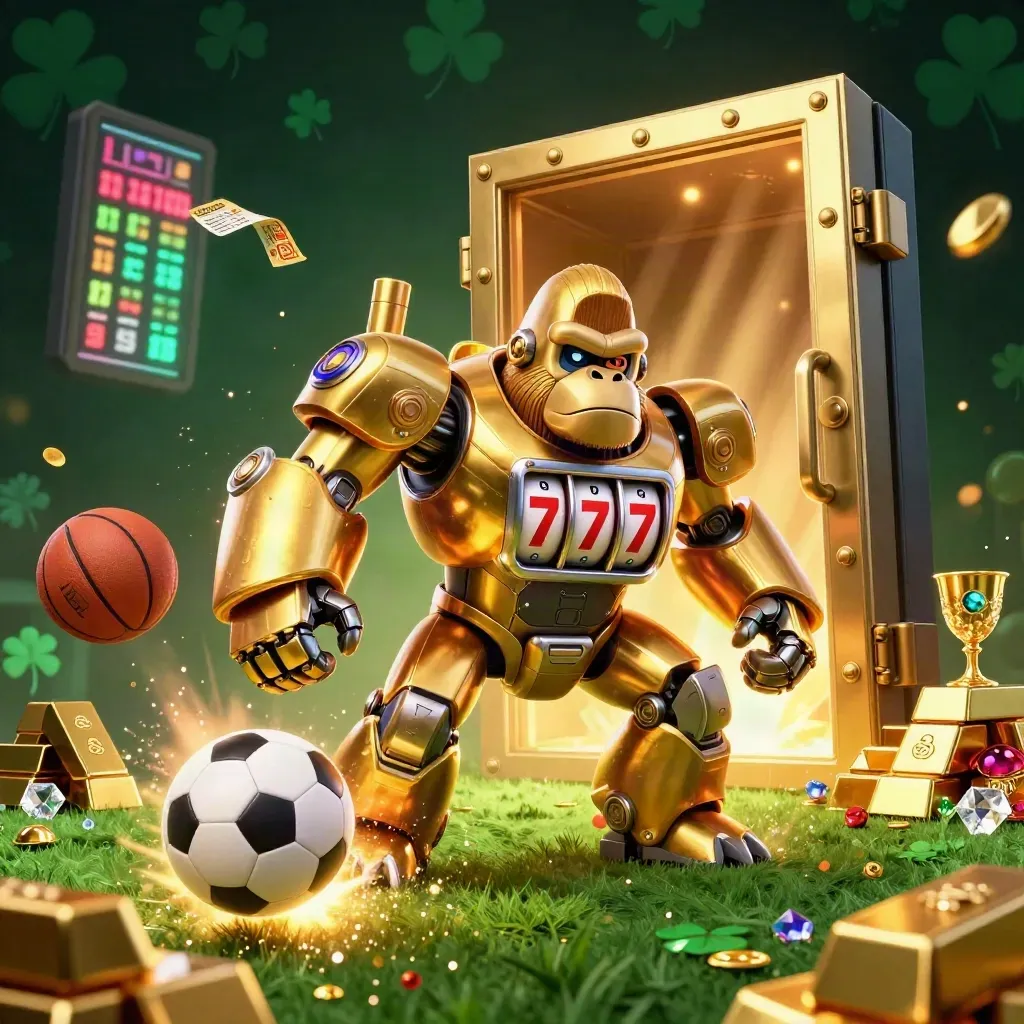 Gouden gorillamecha in casinostijl met zwevende sportballen, goud en licht.