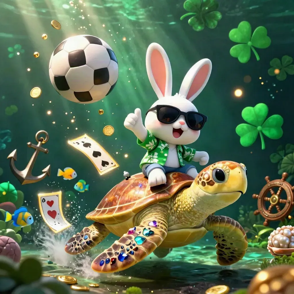Konijn op gouden zeeschildpad met munten, kaarten en sportballen in een groene casino-onderwaterwereld.