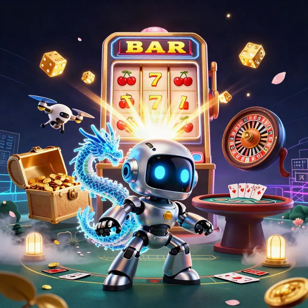 Cyberpunk robot, holografische draak en drone bij een luxe jackpot-slot met goud en neon.