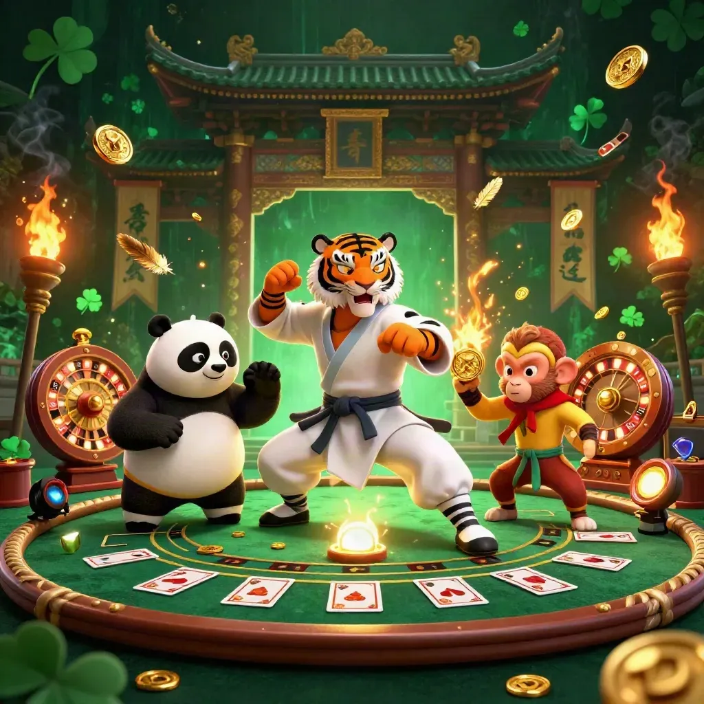 Tijger, panda en aap in een luxe groen-gouden casinotempel met vuur, rook en goud.