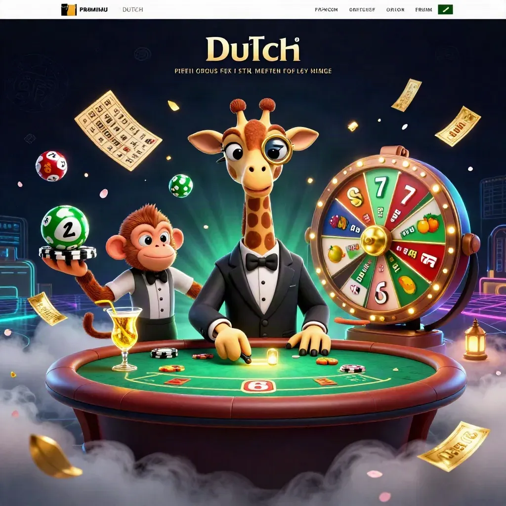 Giraf, aap en kameleon in luxe casino-art met goud, neon en spelkaarten.