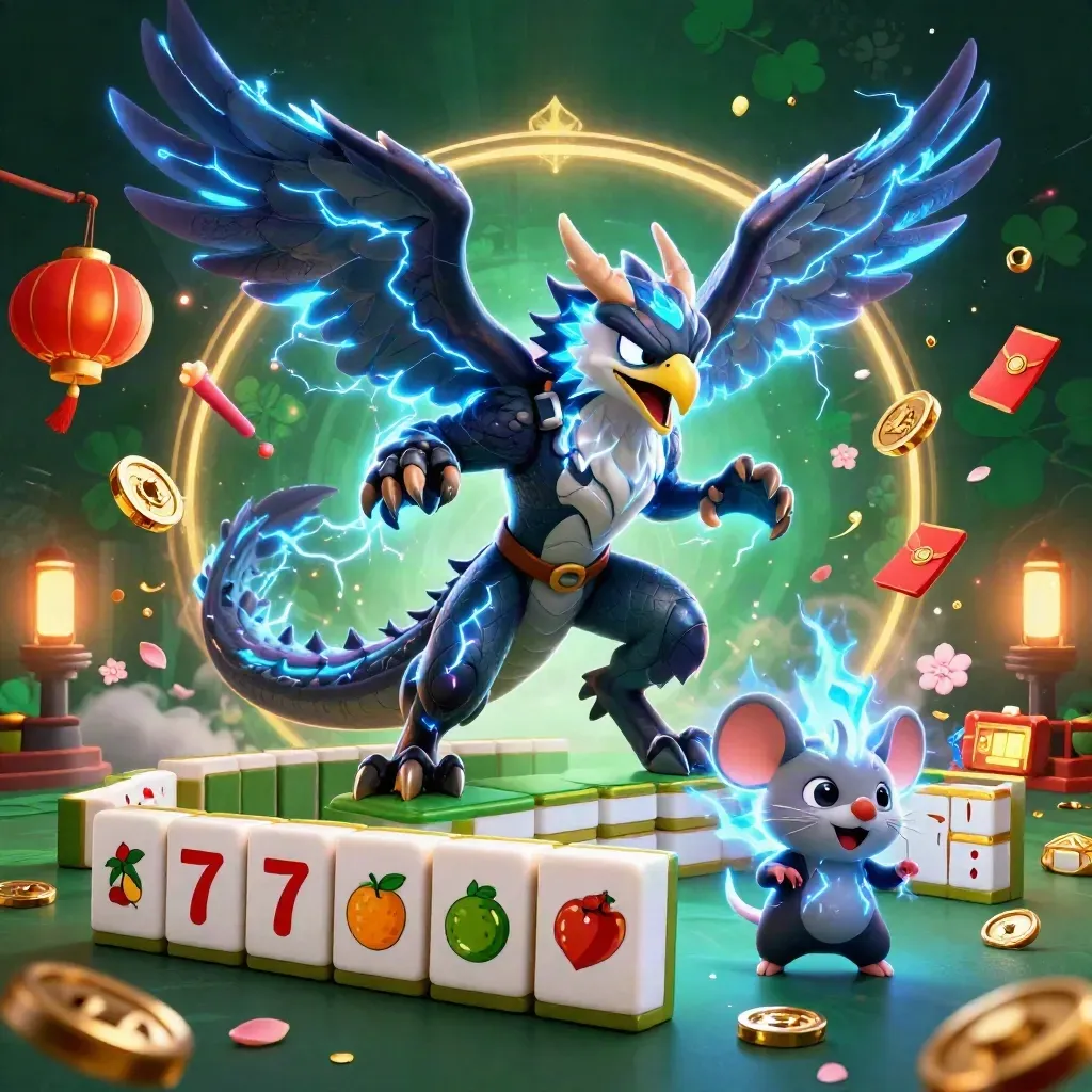 Thunderdraak, windvogel en statische muis met casino-geluk en groene neon.