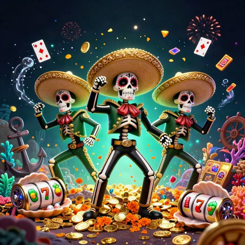 Drie mariachi-skeletten in een onderwaterschatkamer met goud, kaarten en neon groen.