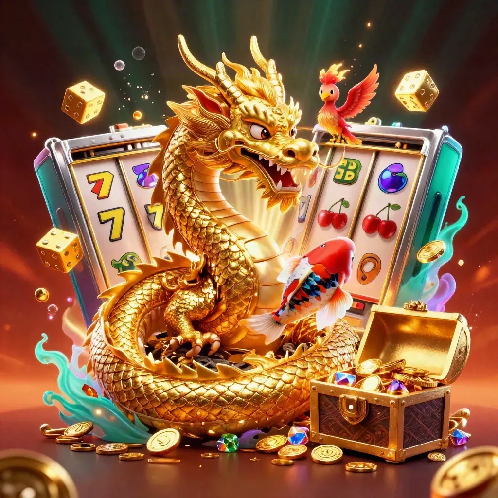 Gouden draak met phoenix, koi en exploderende slotsymbolen in luxe casino-sfeer.