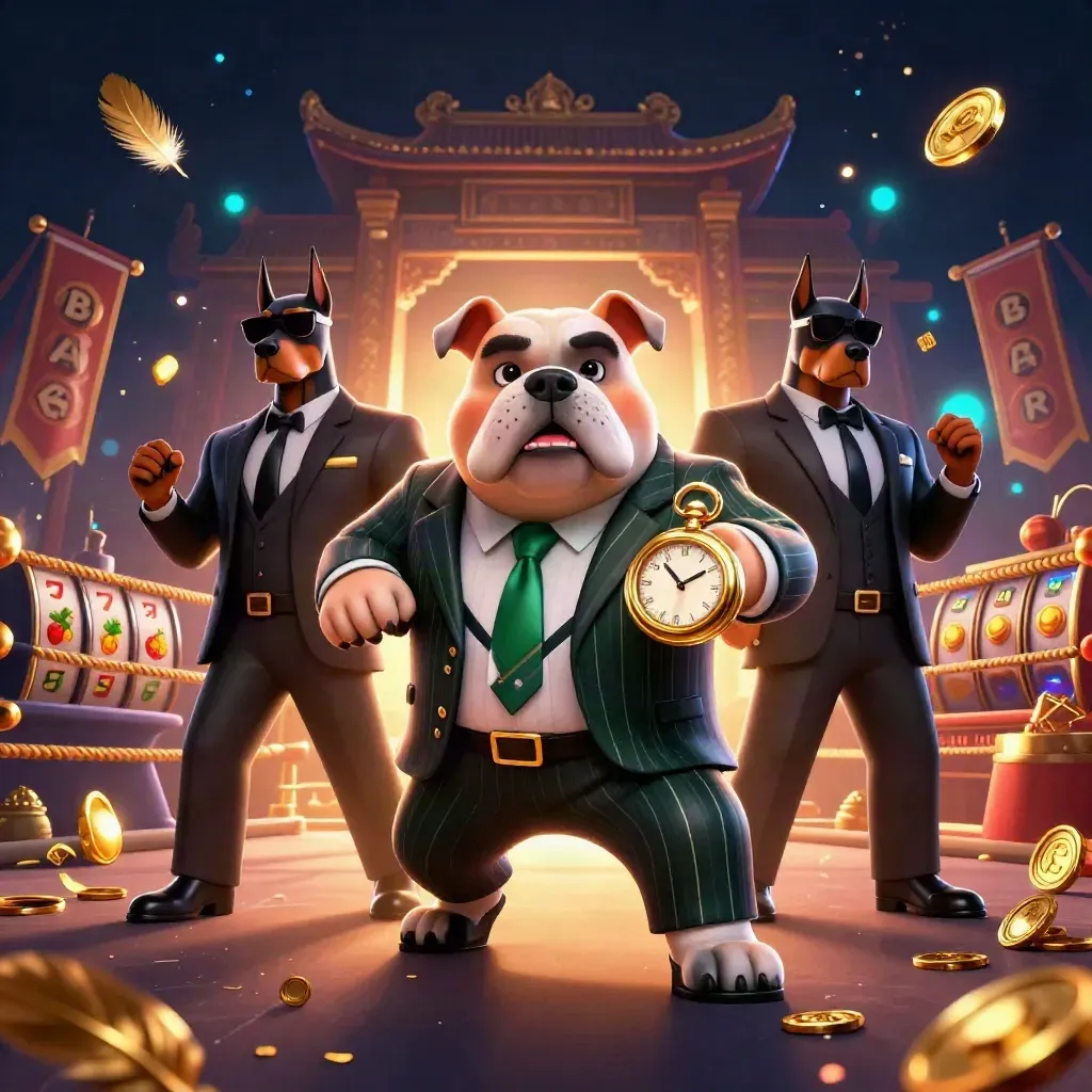 Maffia-bulldog met twee dobermans, goud en cyan in casino-actie