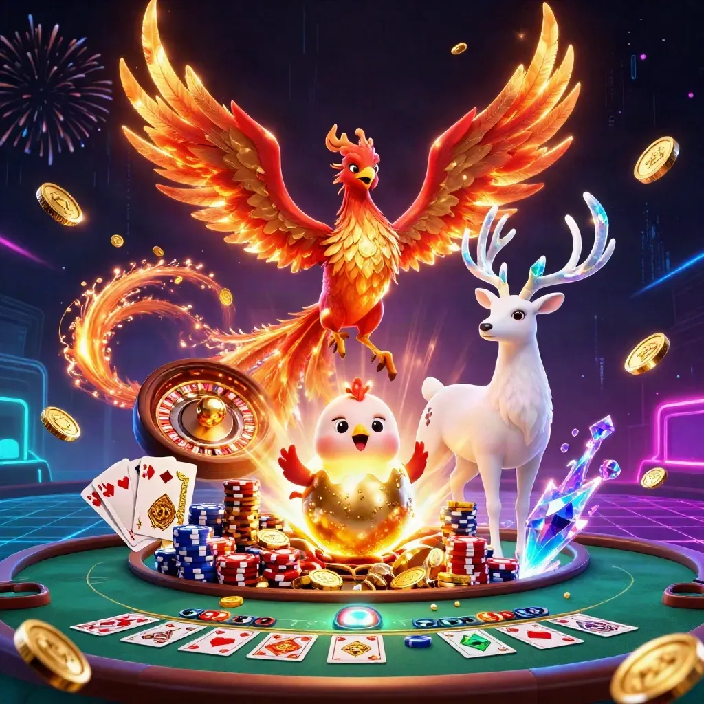Fantasierijke casino-afbeelding met phoenix, hert, gouden munten en roulette in neon stijl.