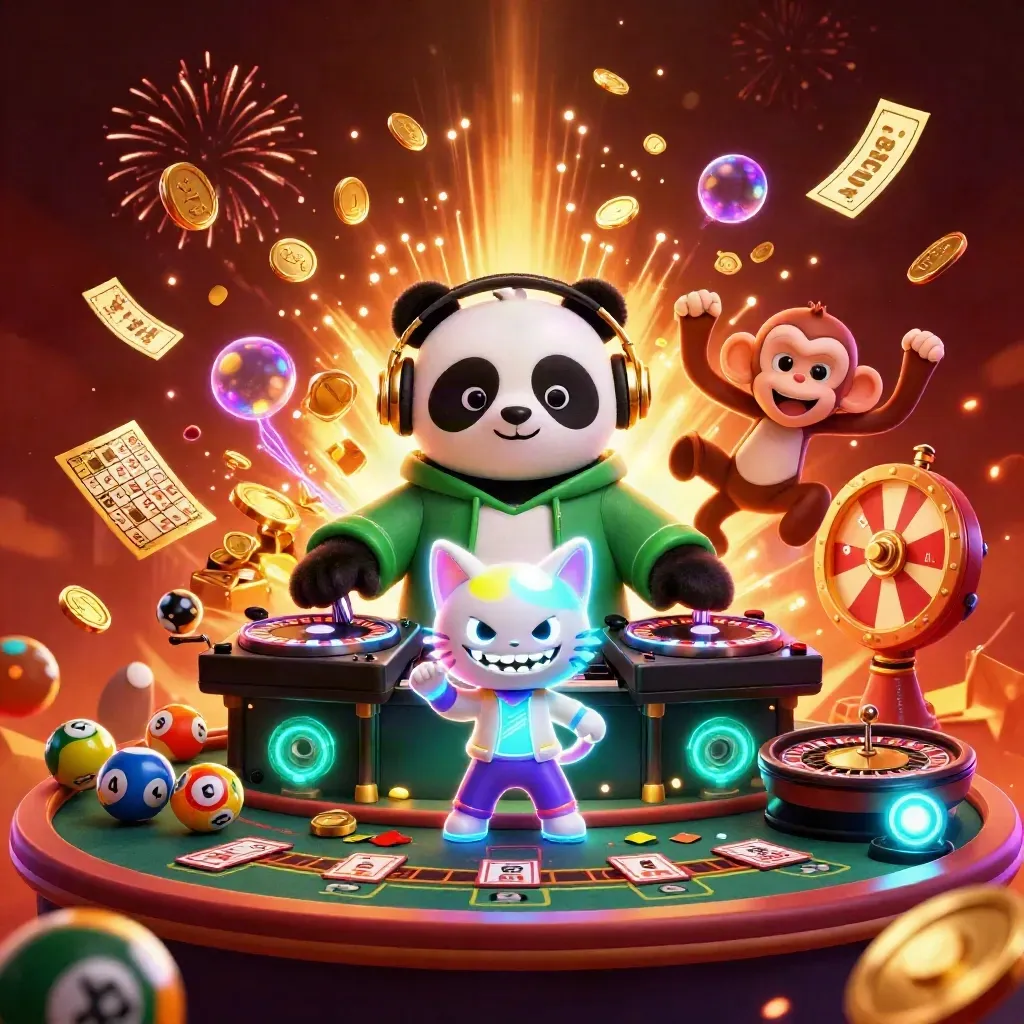 DJ-panda, dansende aap en glow-stick kitten tussen goud, vuurwerk en casinogeld.