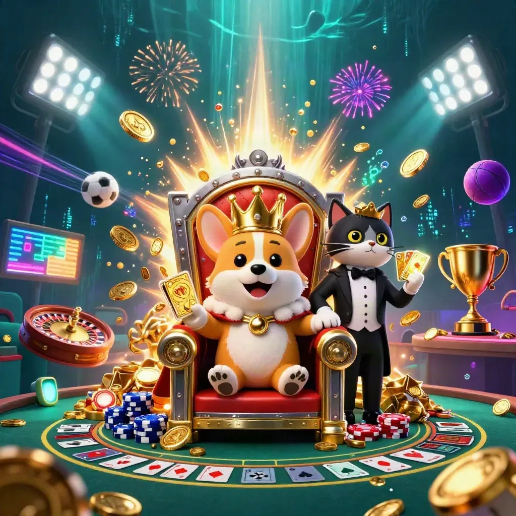 Koninklijke corgi en kattenbutler tussen goud, sportballen, chips en neon in een diepe zee-achtergrond.