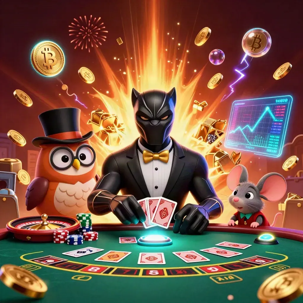 Panter, uil en muis bij een explosie van goud, munten en casino-effecten