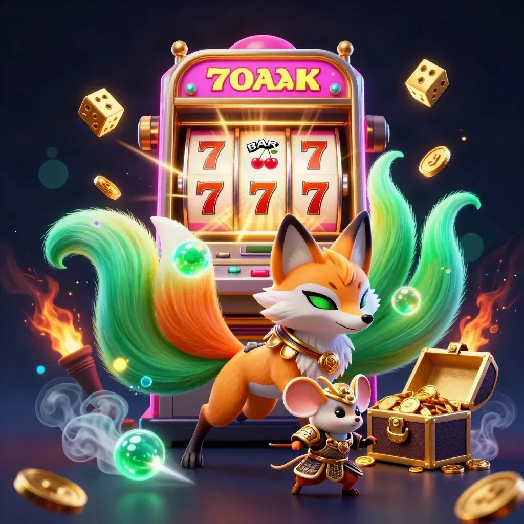 9-staartige vosgeest met samurai-muis, gokkast, goud en neon vonken op donkere achtergrond.