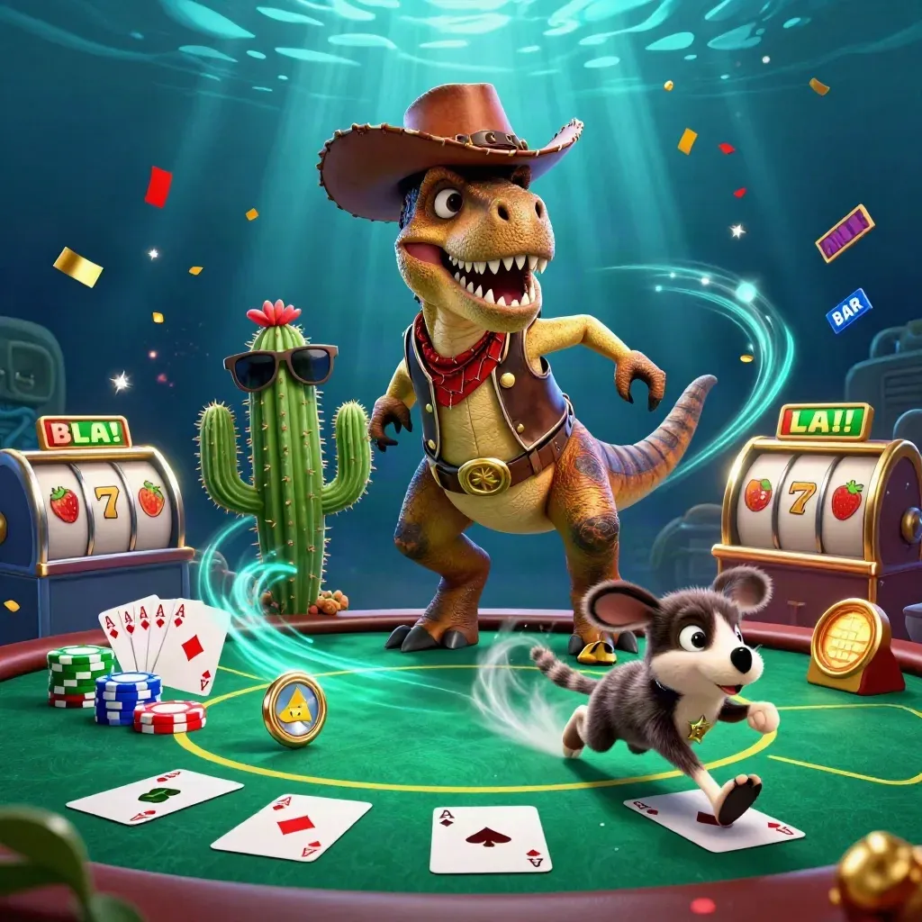 Kleurrijke 3D cowboy T-rex met cactusmaatje en sheriff-roadrunner tussen casinochips en kaarten.