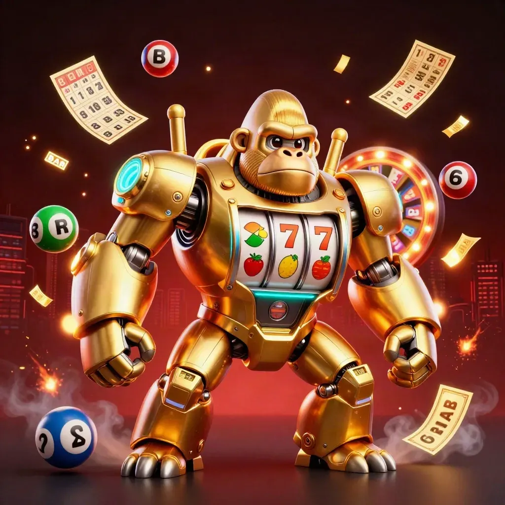 Gouden gorillamech met slotrollen, piloot-aapje, bingo, loterijballen en vuur effecten