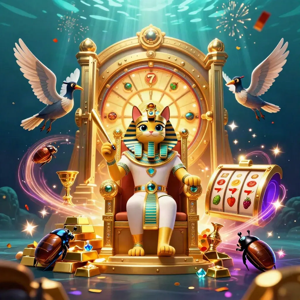 Pharaokat op gouden troon, ibis en scarabeeën rond een orakelwiel met casino-glans.