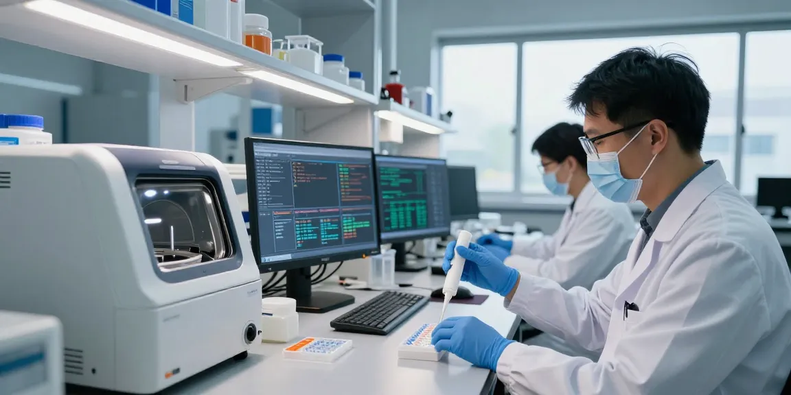 Research scientists at mmoo05.com conducting molecular analysis in a modern lab.