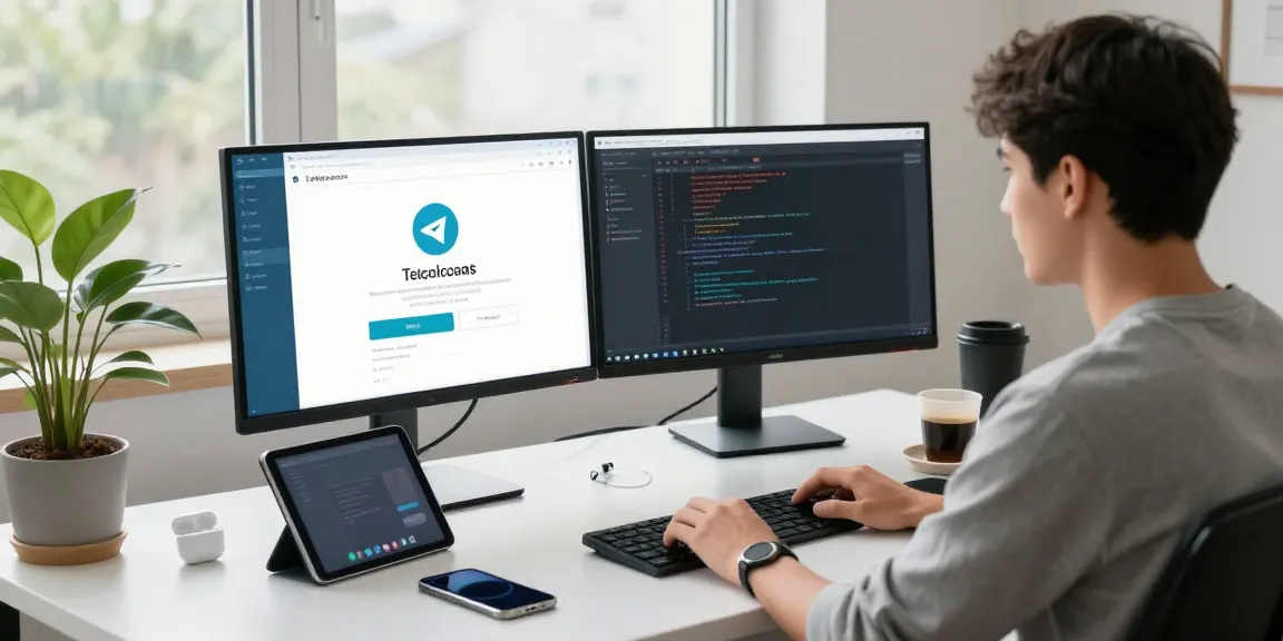 Download Telegram on a modern workspace with multiple monitors showcasing the app interface and coding software for enhanced productivity.